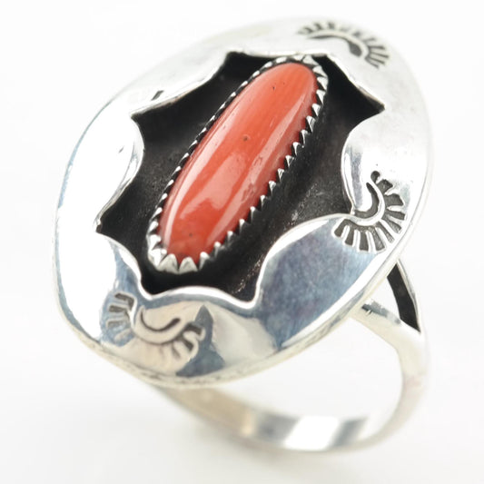 Coral Shadow Box Native American Silver Ring Sterling Size 9 1/2