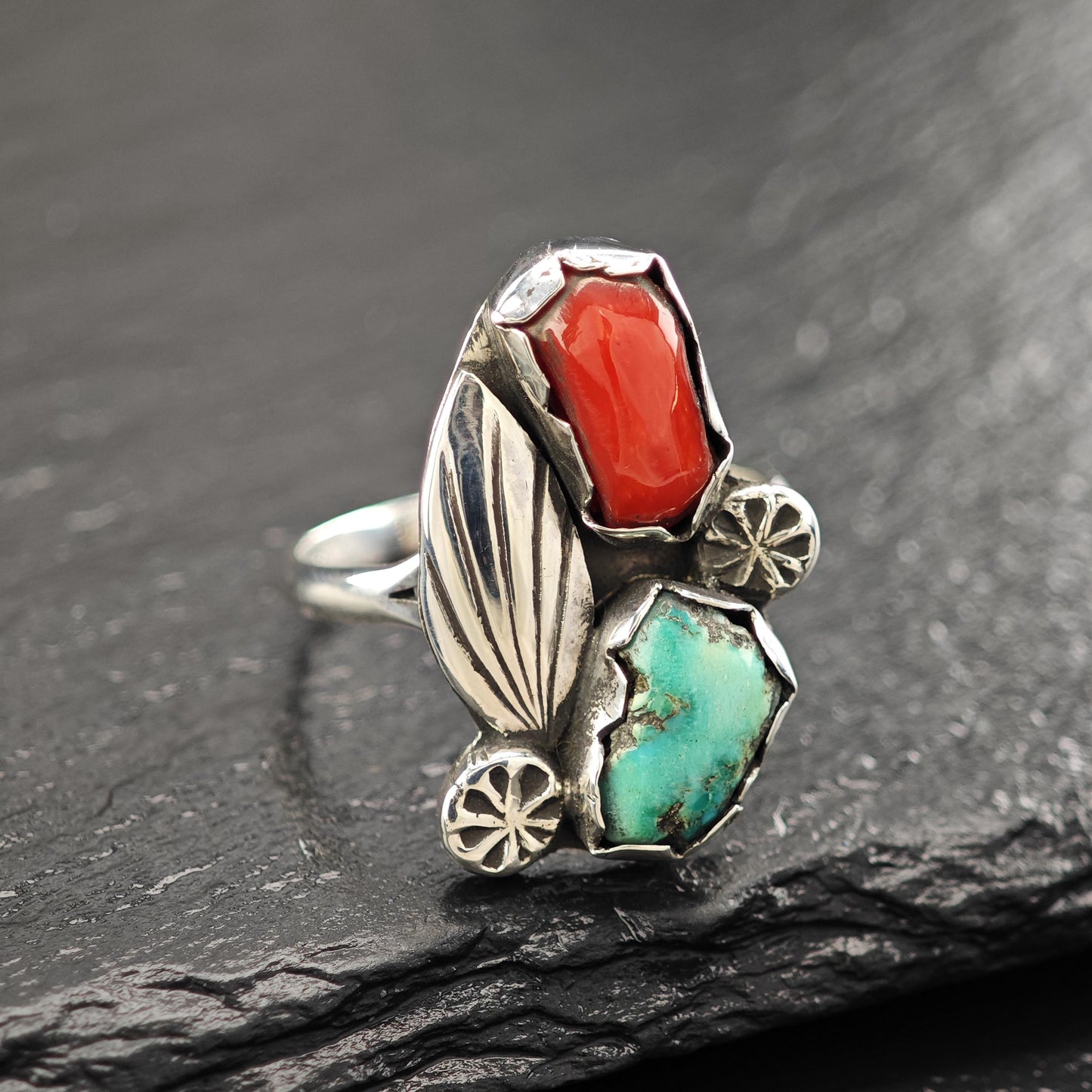 Turquoise, Coral Floral Ring Sterling Silver R5819