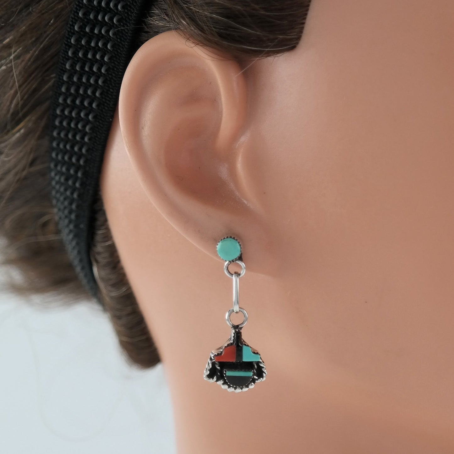 Native American Stud Inlay Earrings | Sterling Silver Dangles| Turquoise, Coral, Jet