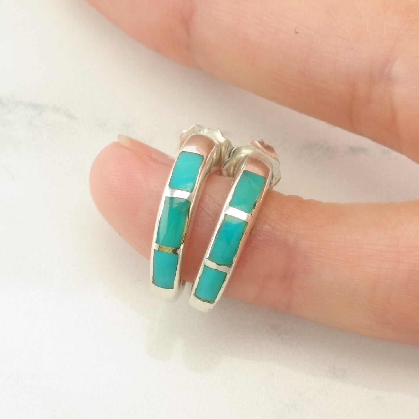 Southwest Sterling Silver Turquoise Inlay Earrings Hoop