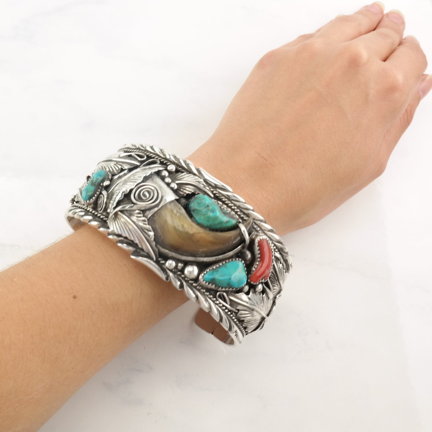 Navajo Sterling Silver Cuff Bracelet Turquoise, Coral