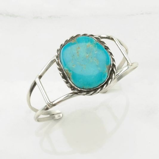 Southwest Sterling Silver Cuff Bracelet Blue Turquoise Rope Detail