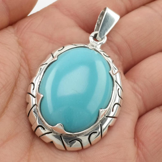 Vintage Southwest Block Turquoise Oval Sterling Silver Pendant