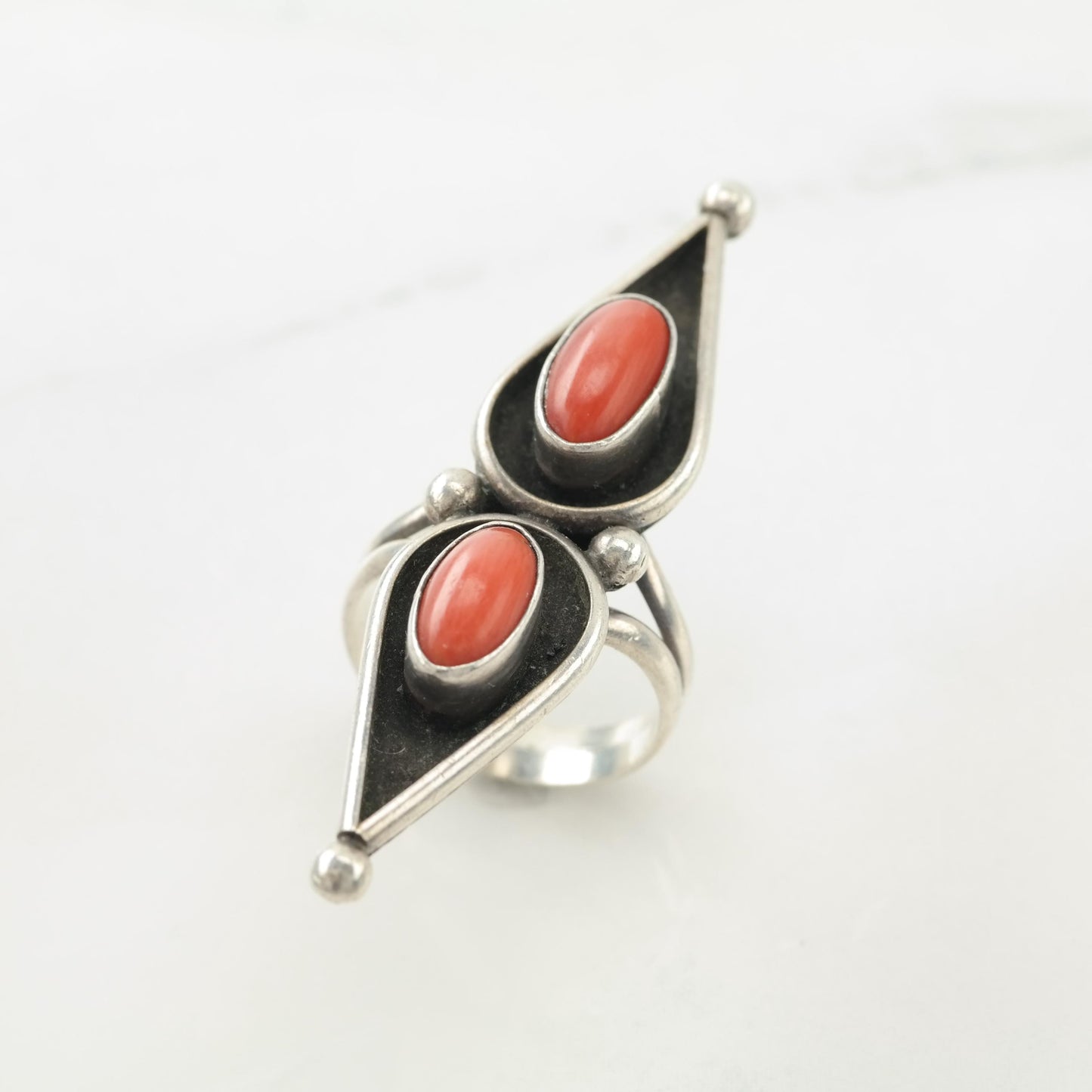 Native Red Coral, Shadow Box, Long Sterling Silver Ring Sz5 3/4 R5574