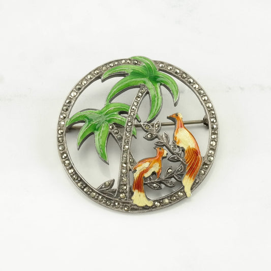 Vintage Uncas Sterling Silver Brooch Palm Trees, Brids Enamel, Marcasite