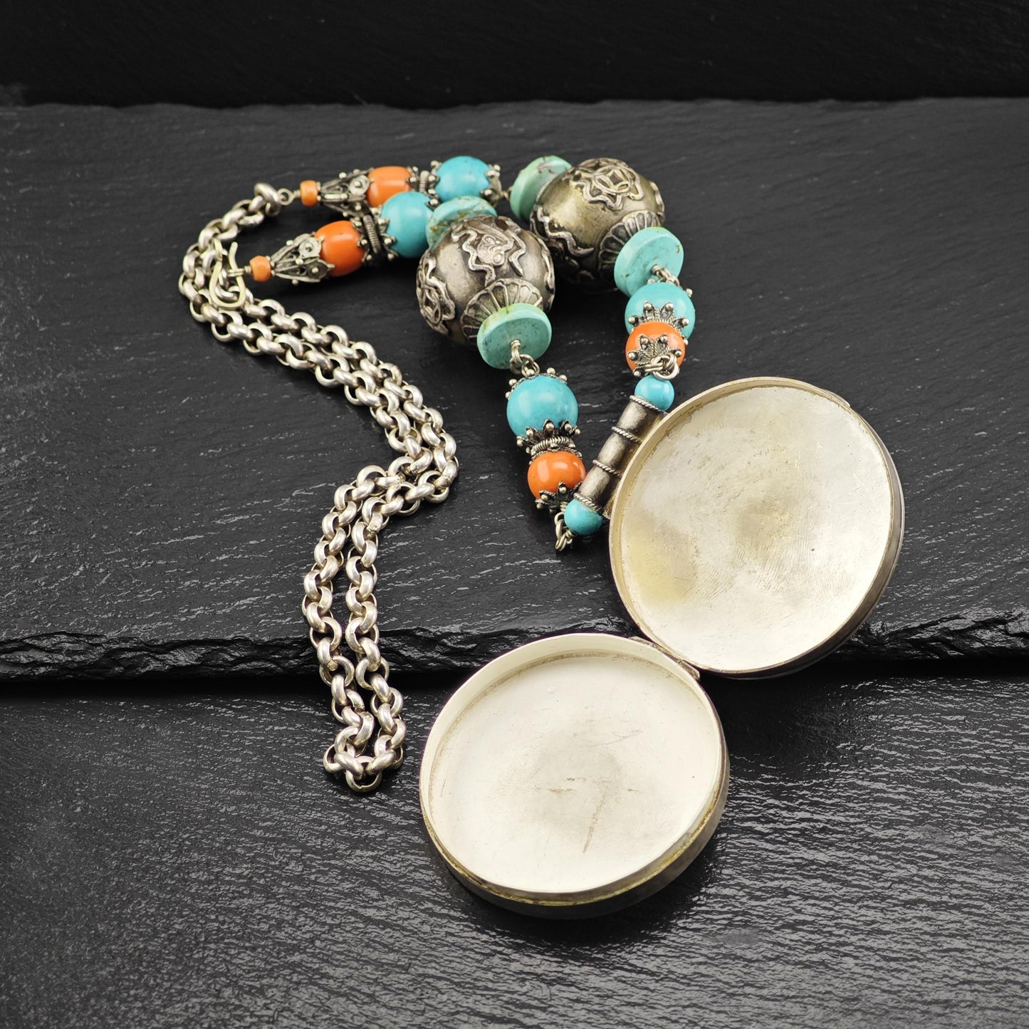 Authentic Nepalese Turquoise, Coral Lg Locket Necklace Sterling Silver N2577