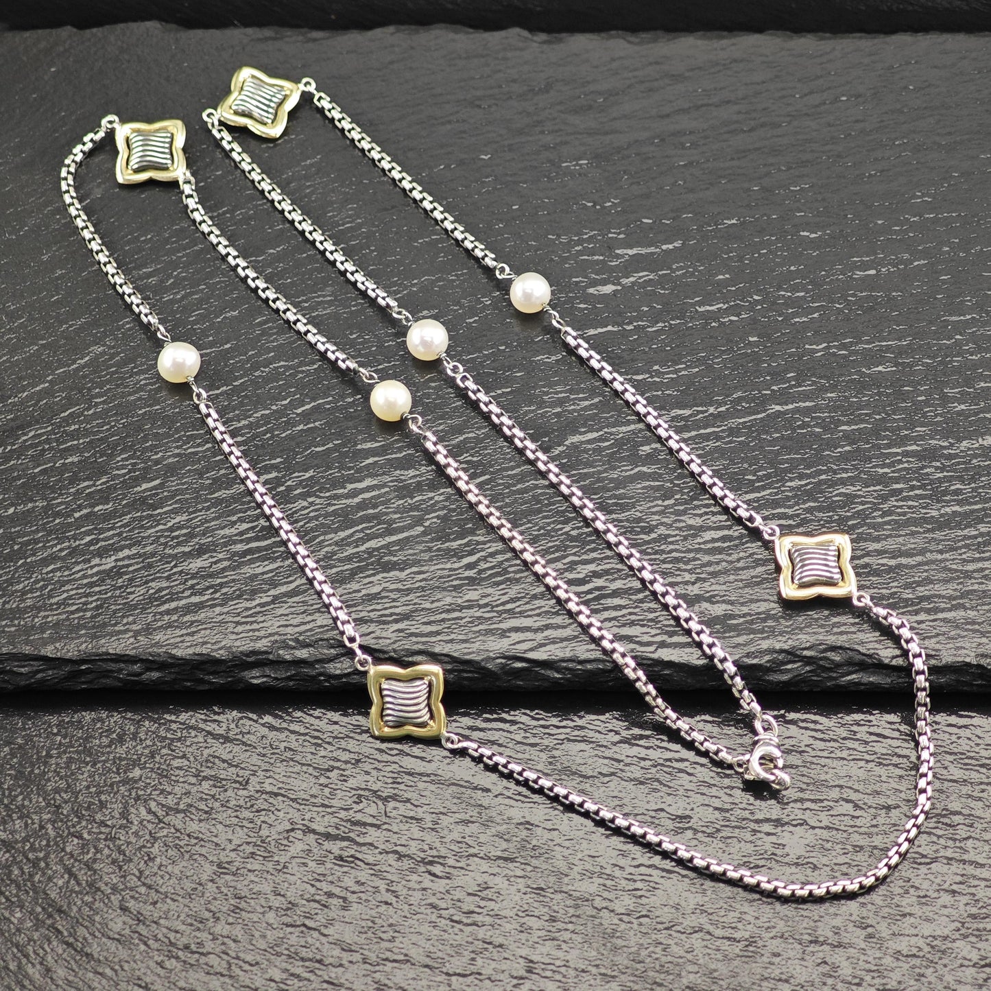 Vintage White Pearl, Gold Accent Necklace Sterling Silver