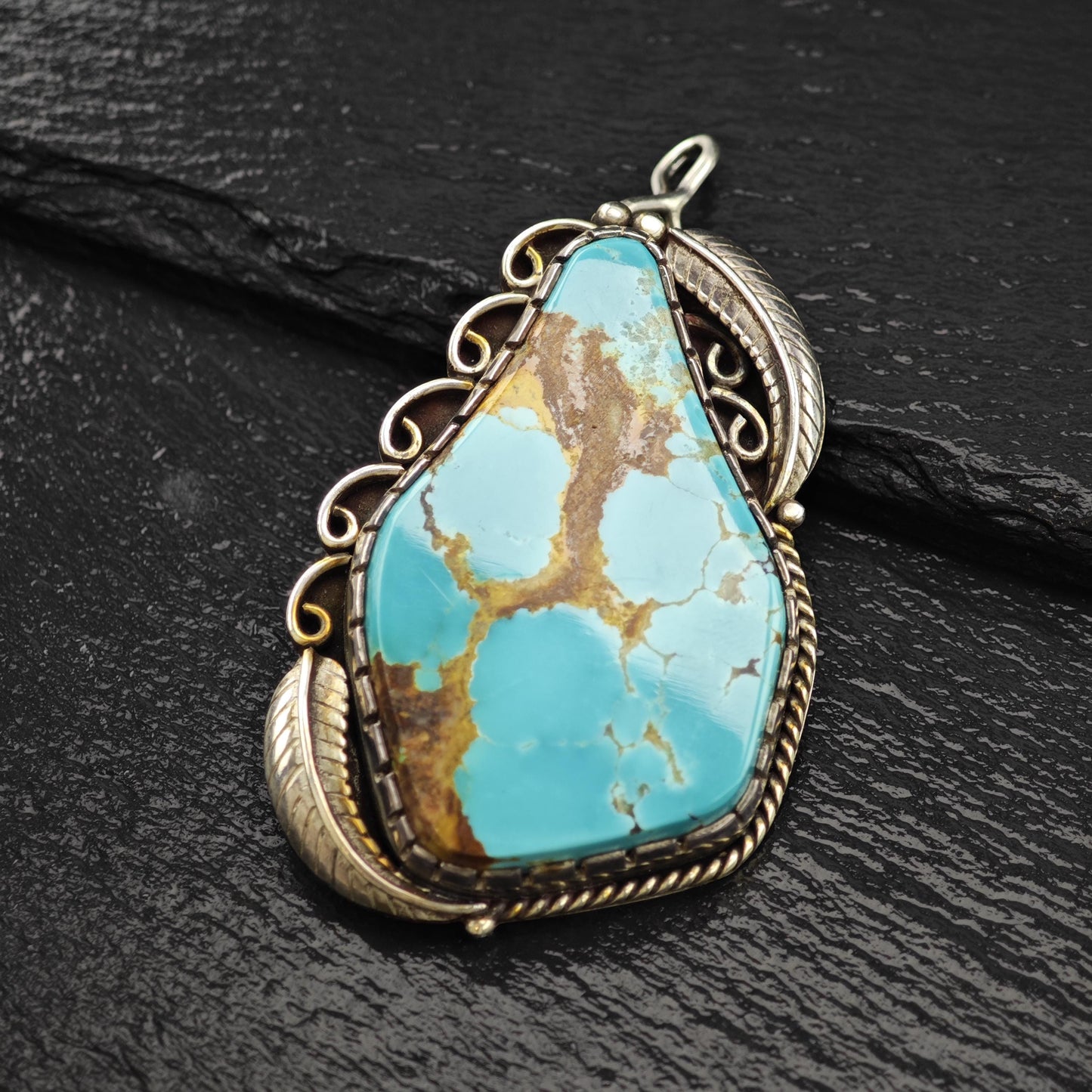 Lg Navajo Turquoise Feather Pendant Sterling Silver P2836