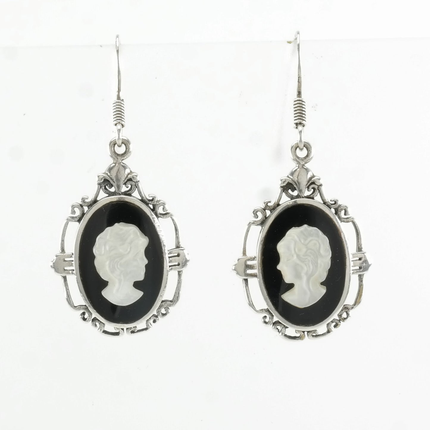 Sterling Silver Black, White MOP, Onyx Portrait Earrings Fish hook