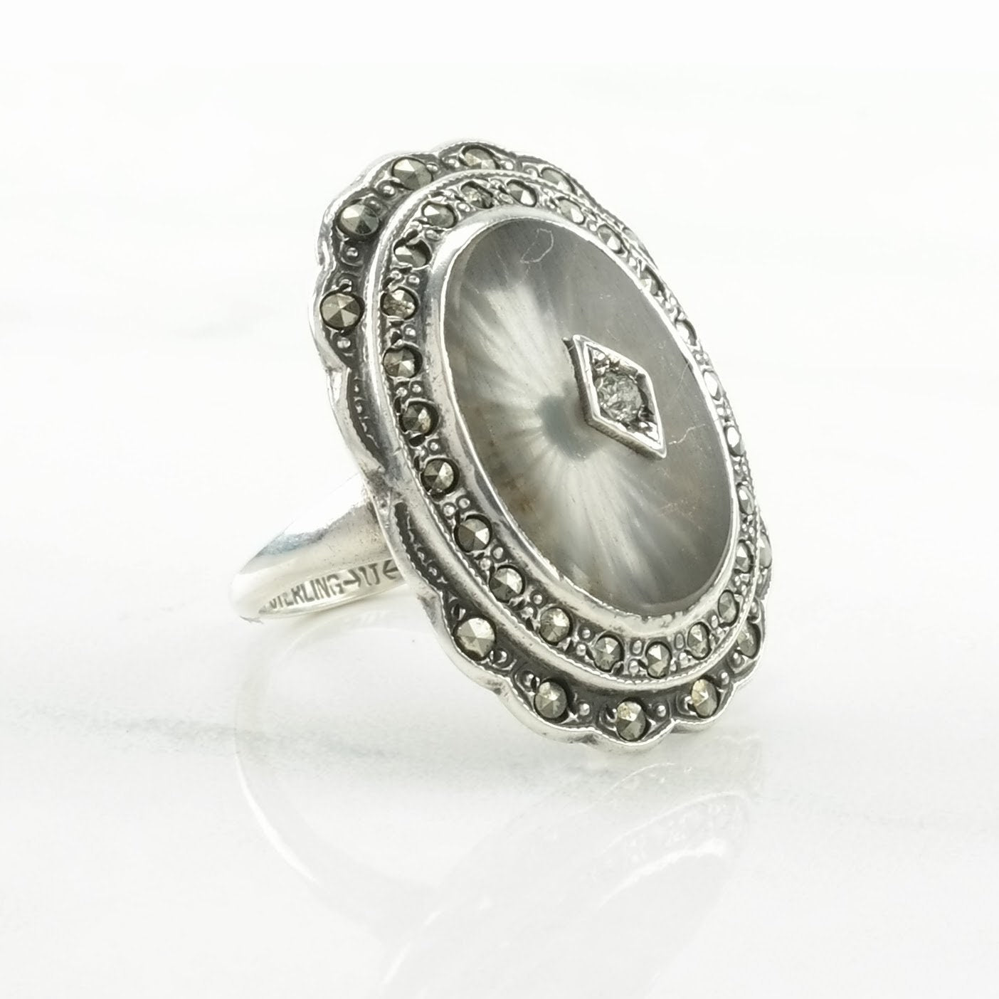 Art Deco Silver Ring Carved Stone Camphor Glass Sterling Size 5 3/4