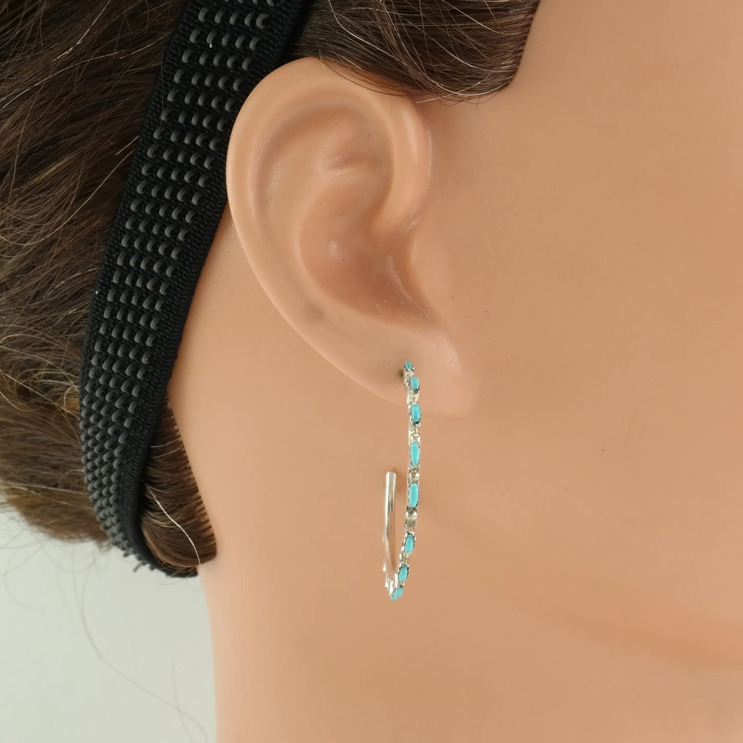 Southwest Sterling Silver Blue Block Turquoise Earrings Stud, Half Hoop