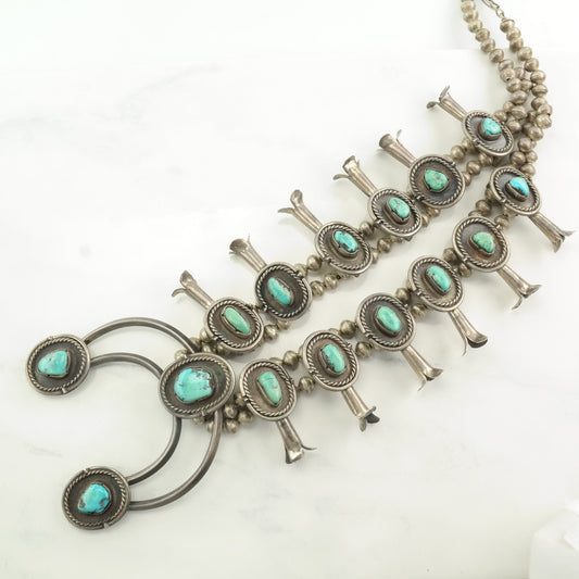 Native American Sterling Silver Blue Turquoise Squash Blossom Necklace