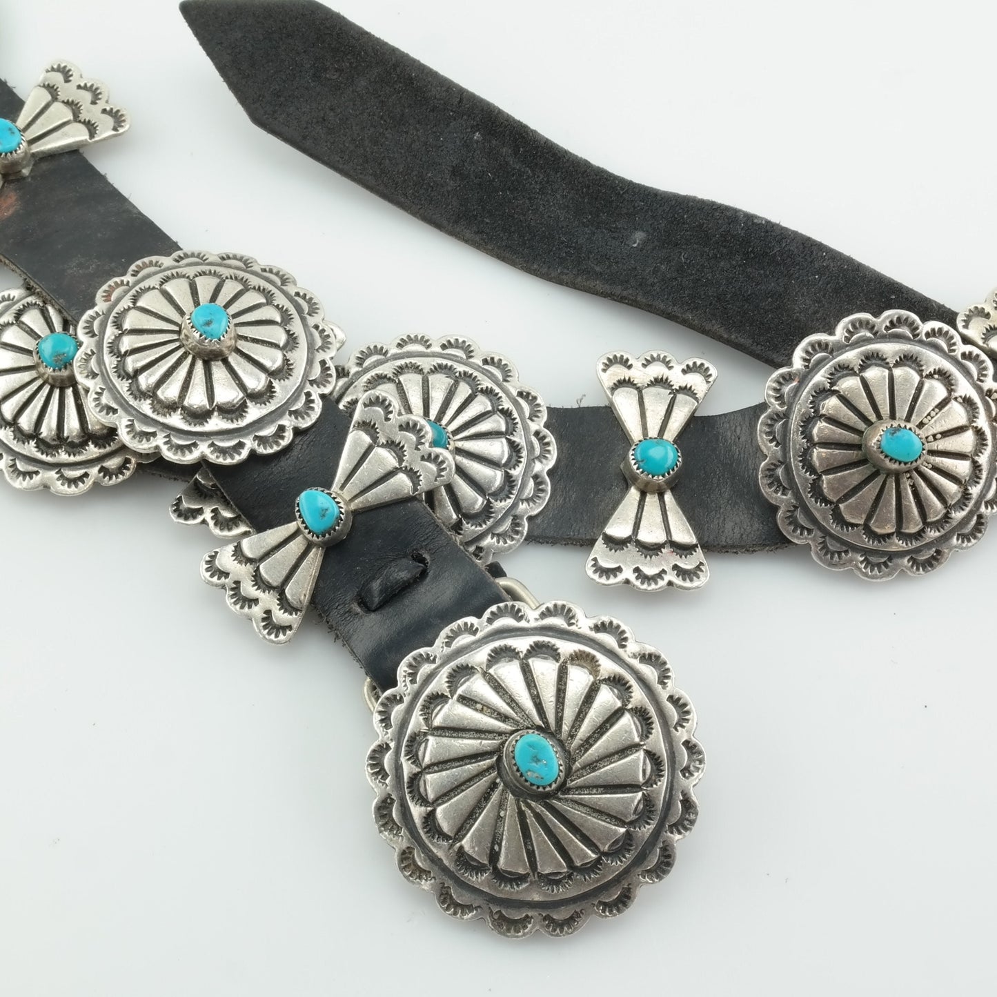 Native American Sterling Silver Leather Bow Turquoise Belt