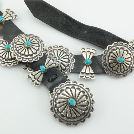 Vintage Native American Sterling Silver Leather Bow Turquoise Belt