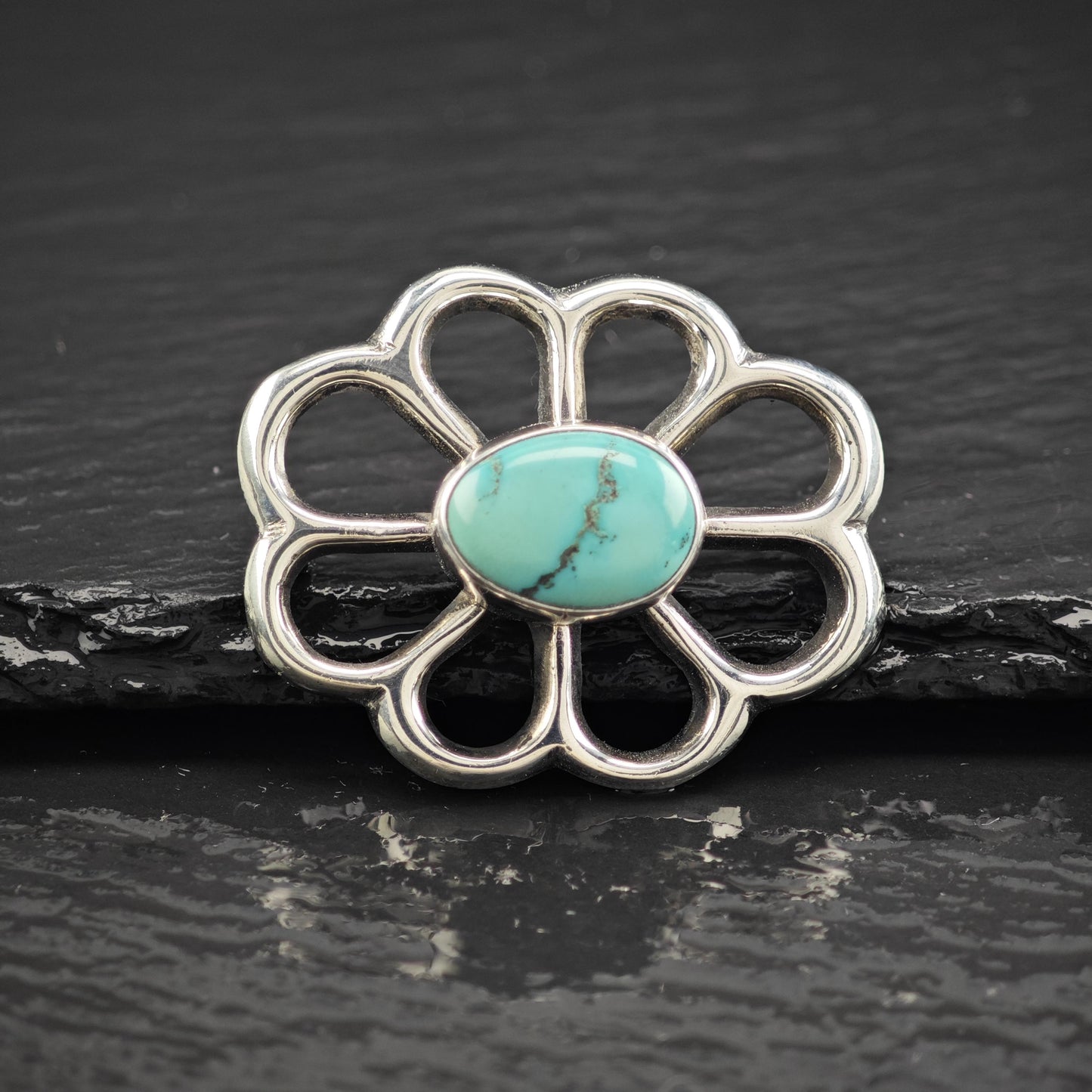 Southwest Sandcast, Blue Turquoise Brooch Sterling Silver