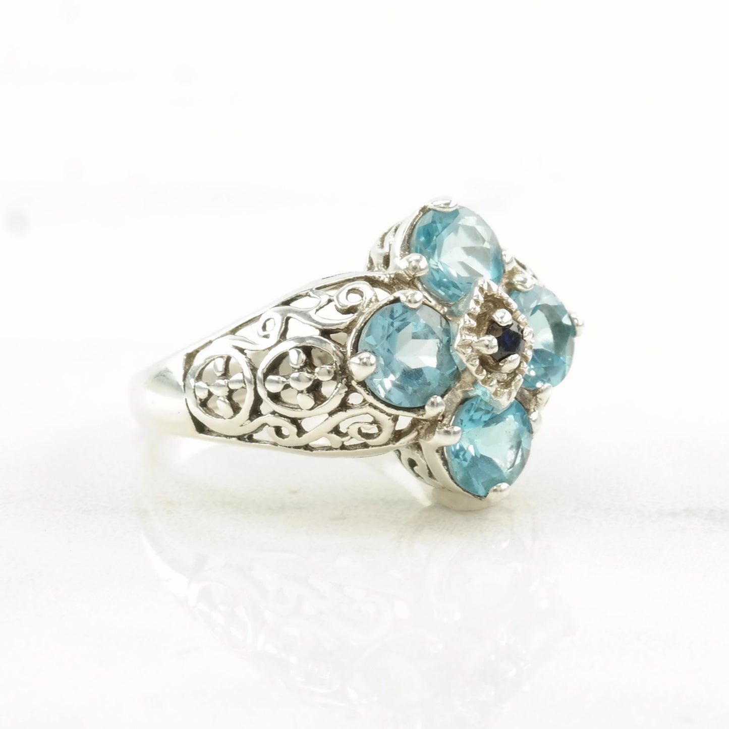 Sterling Silver Ring Topaz, Sapphire Flower Size 6