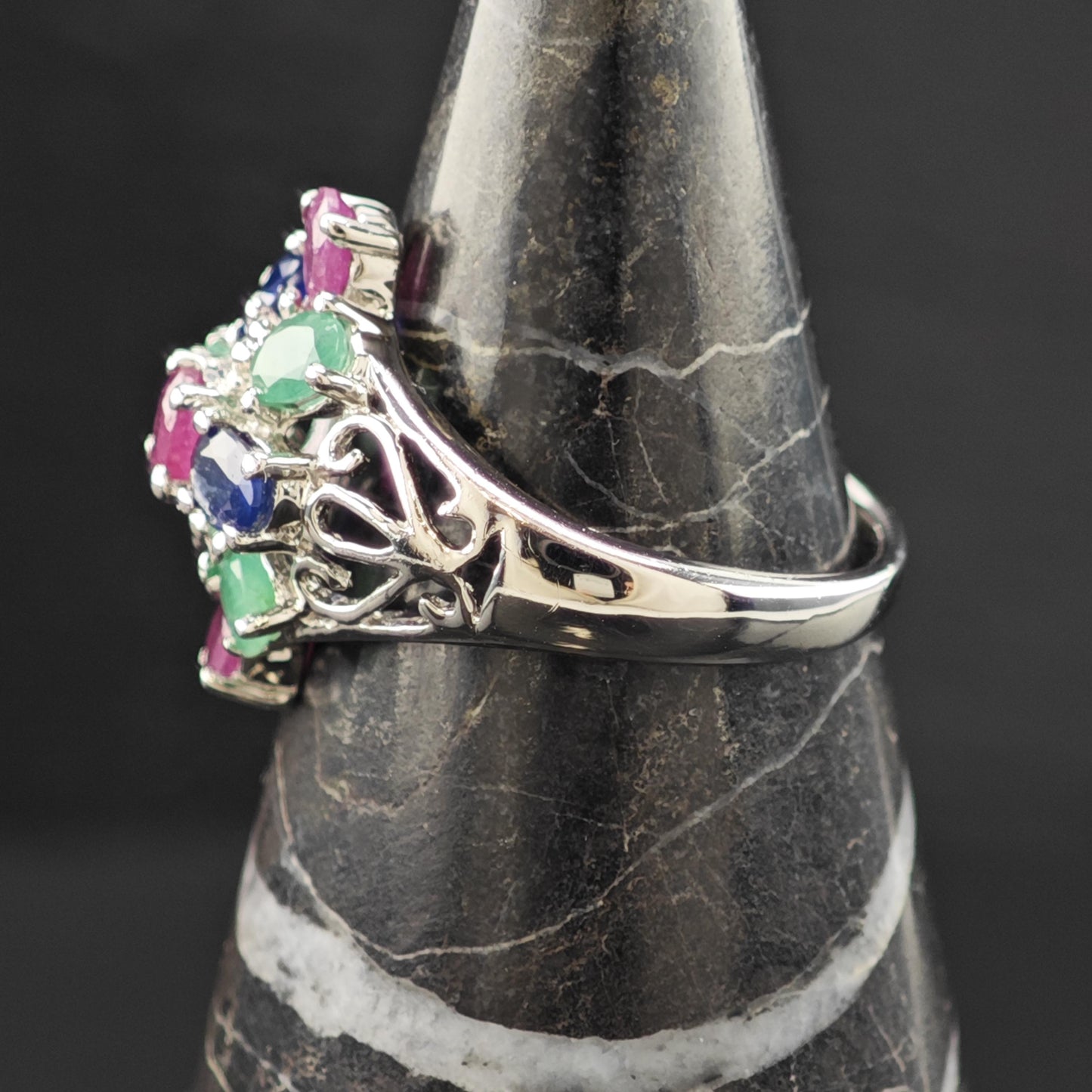 Sapphire Ruby Emerald Ring Sterling Silver Sz 6 3/4 R6210