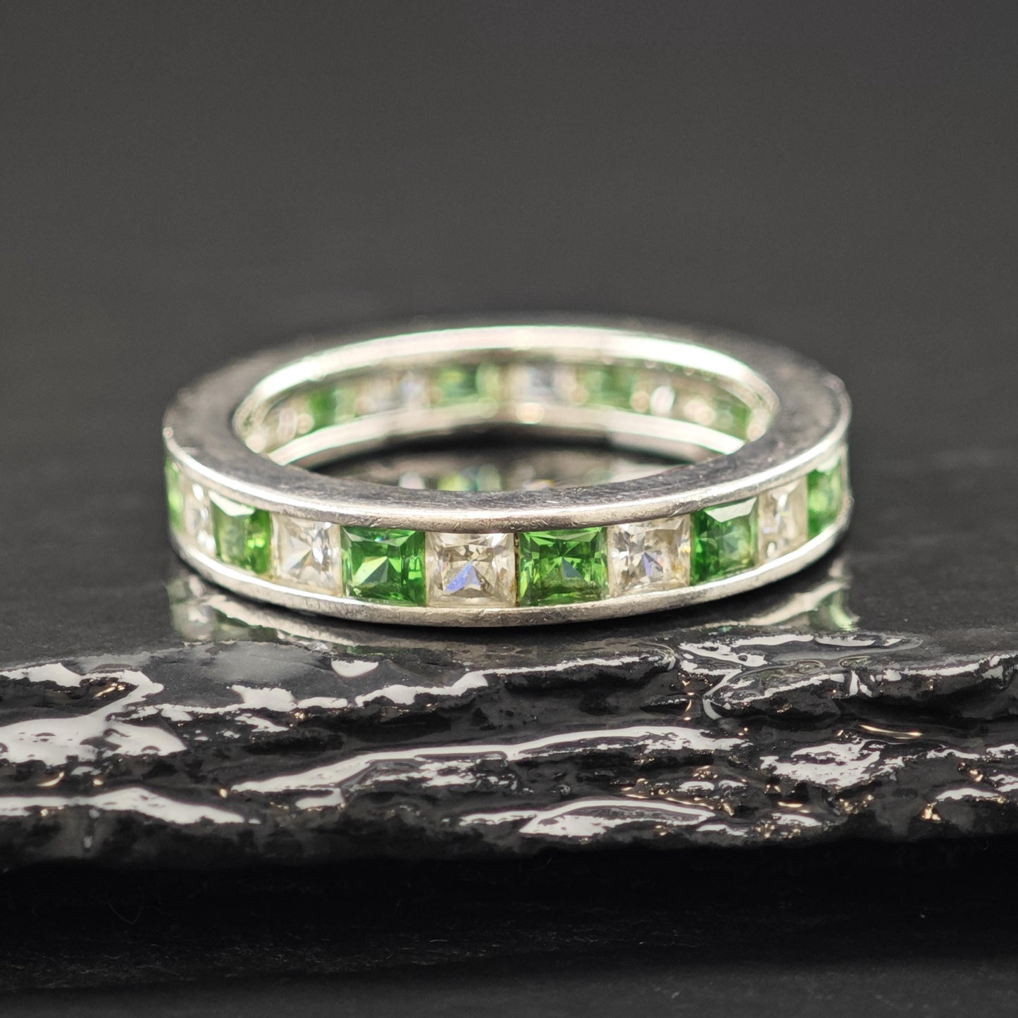 Sterling Silver Ring Green and White CZ Band Size 9 R6046