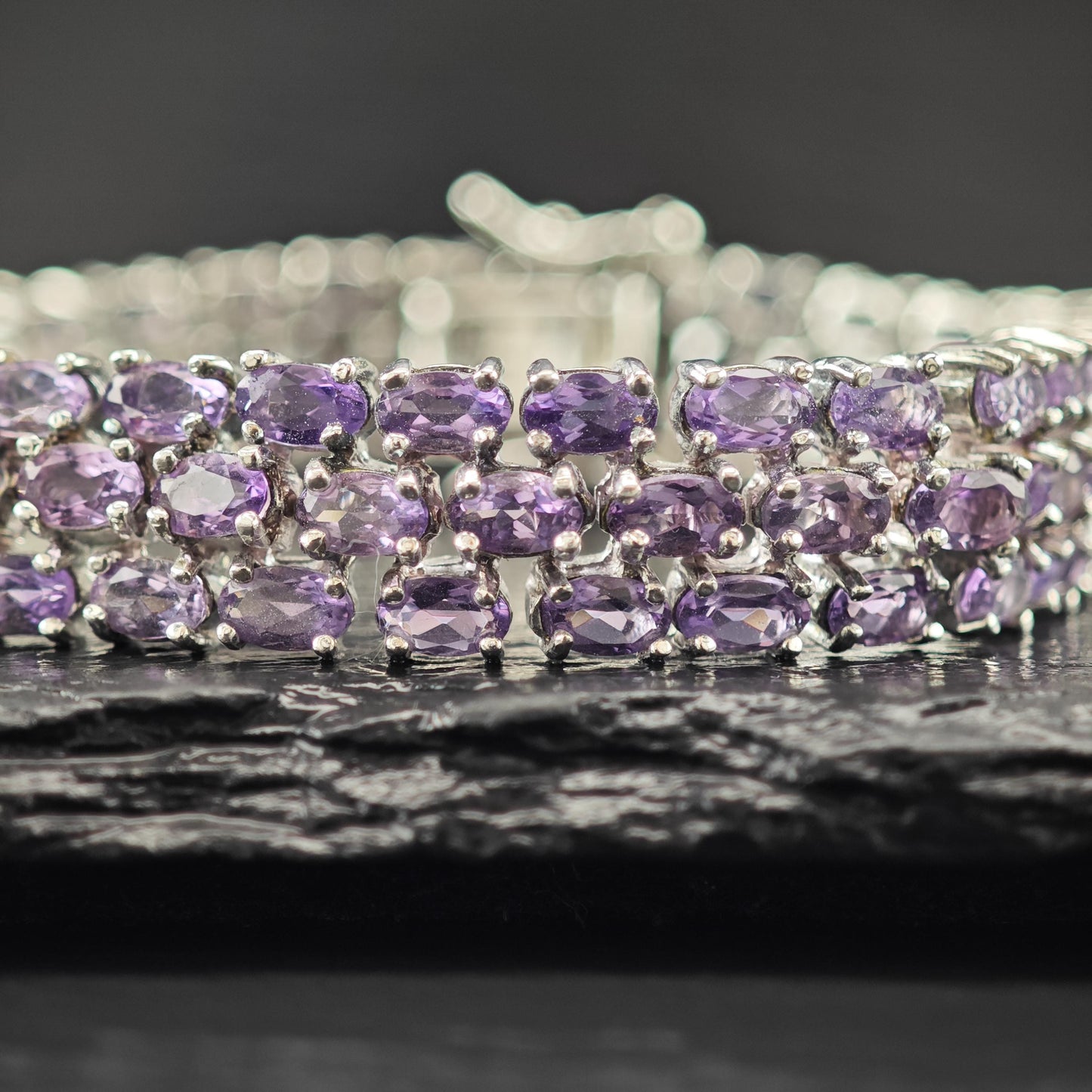 Amethyst Triple Strand Line Bracelet Sterling Silver Size 7"