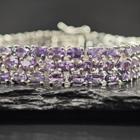 Amethyst Triple Strand Line Bracelet Sterling Silver Size 7"