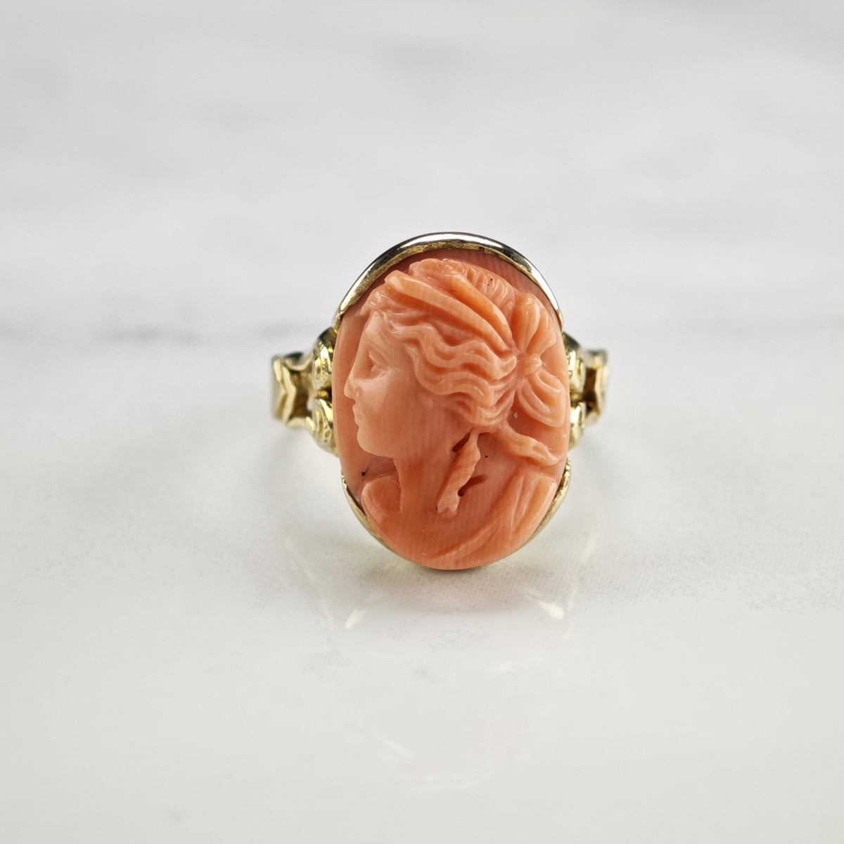 Art Nouveau Coral Cameo 10k Gold Ring Sz 4 1/2 R6802