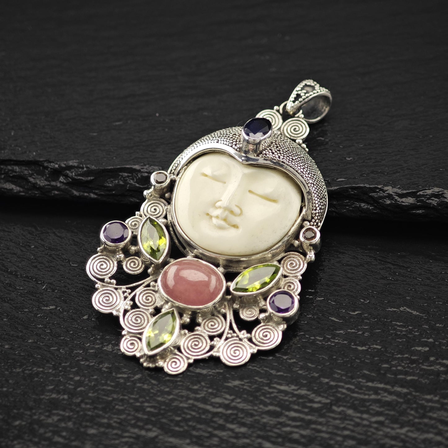 Carved Goddess Face Gemstones Pendant Sterling Silver P2806