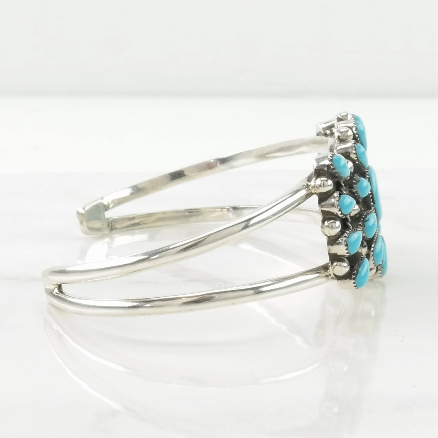 Vintage Southwest Sterling Silver Cuff Bracelet Blue Block Turquoise, Cluster Floral