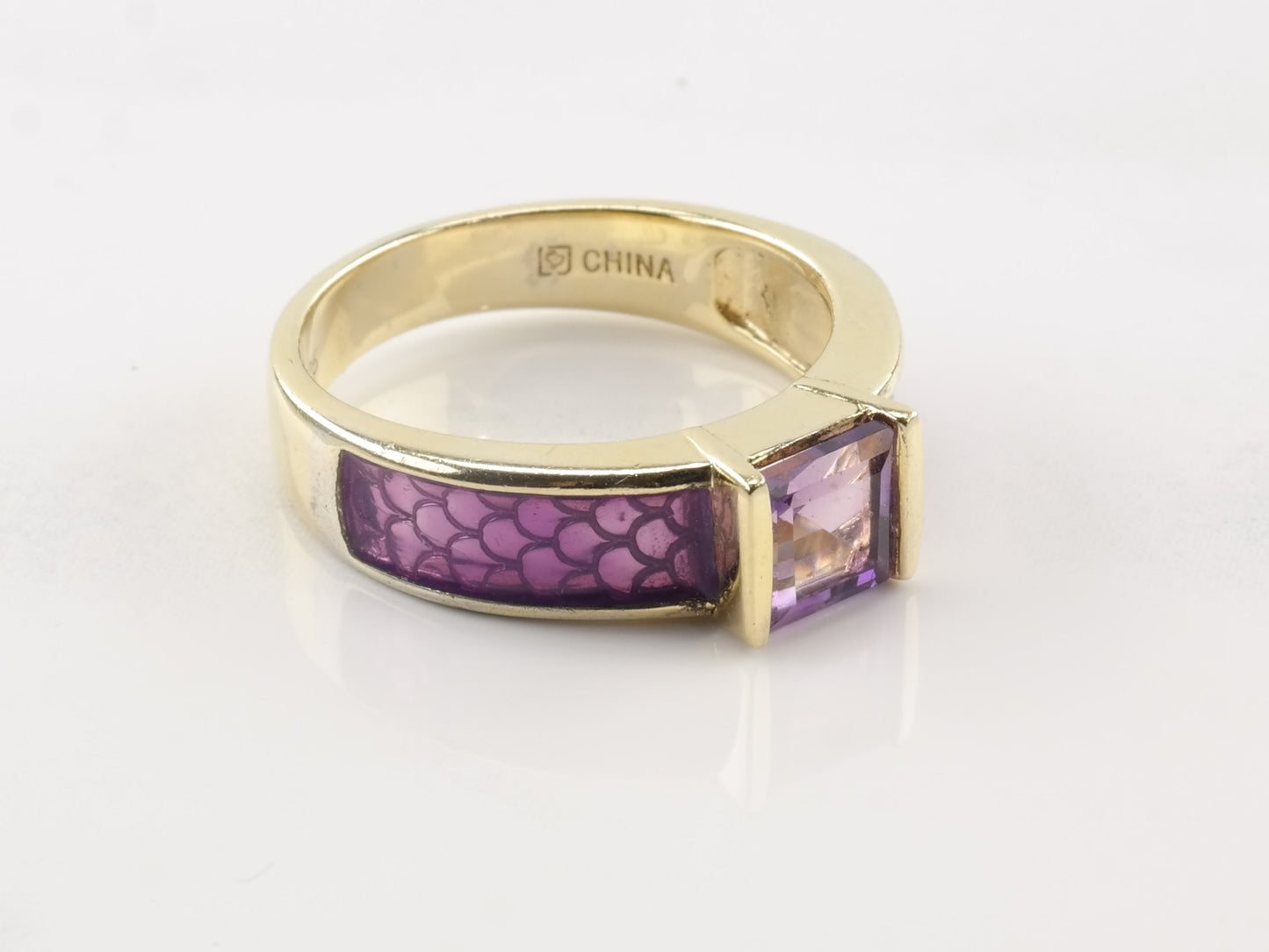 Vintage Sterling Silver Ring Amethyst Gold Plated scales Size 8 1/4