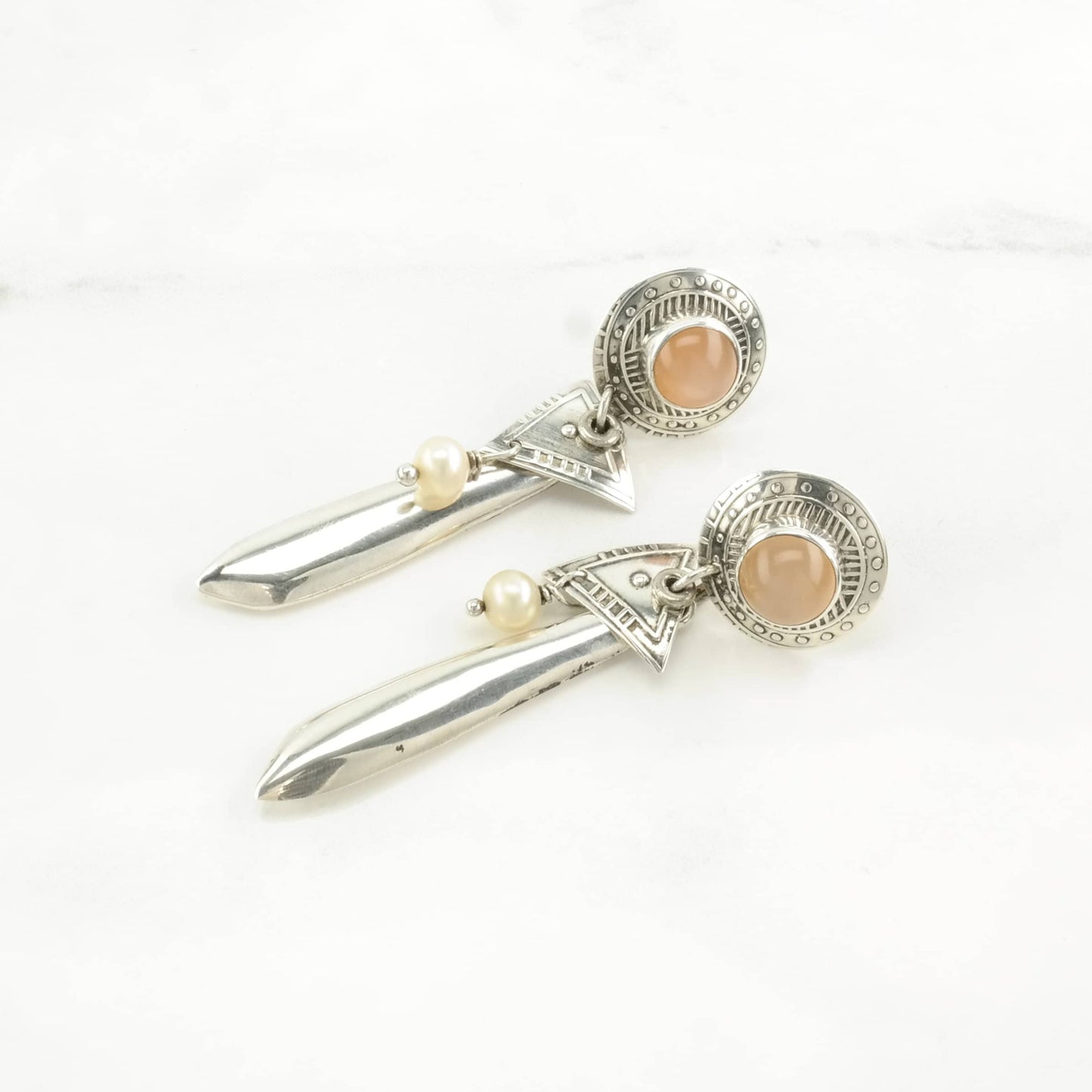 Vintage Sterling Silver Stud, dangle Earrings Peach Pearl Stamped