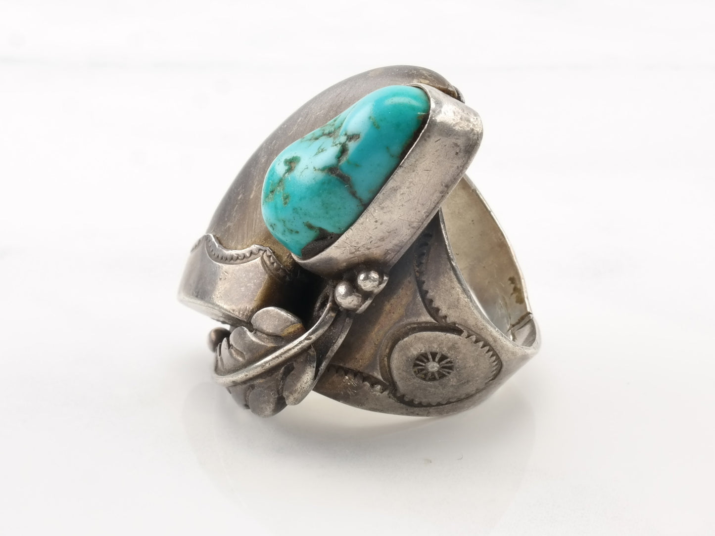 Native American Sterling Silver Ring Turquoise Leaf Size 10