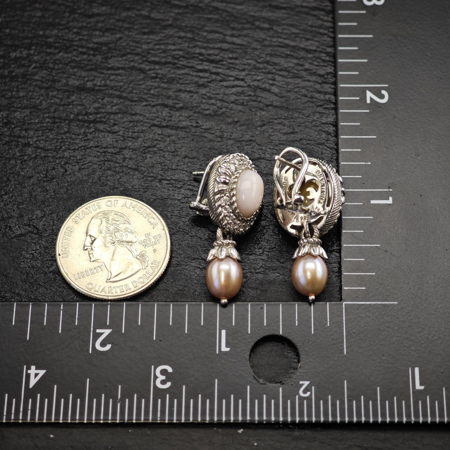 Vintage Judith Ripka Pink Cabochon, Pearl, CZ Omega Back Sterling Silver Earrings ER3195