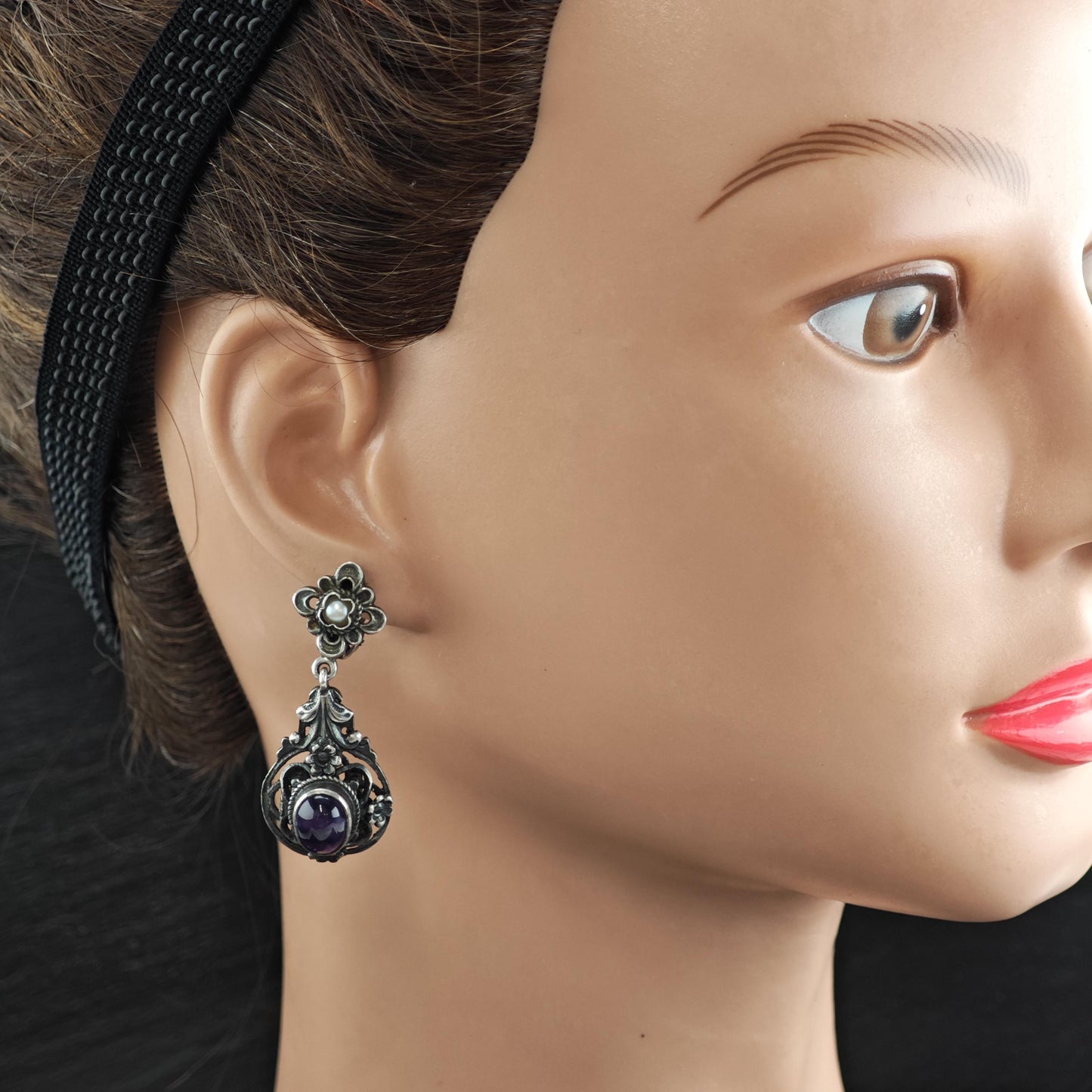 European Art Nouveau Cabochon Amethyst, Pearl Clip On Sterling Silver Earrings ER3197