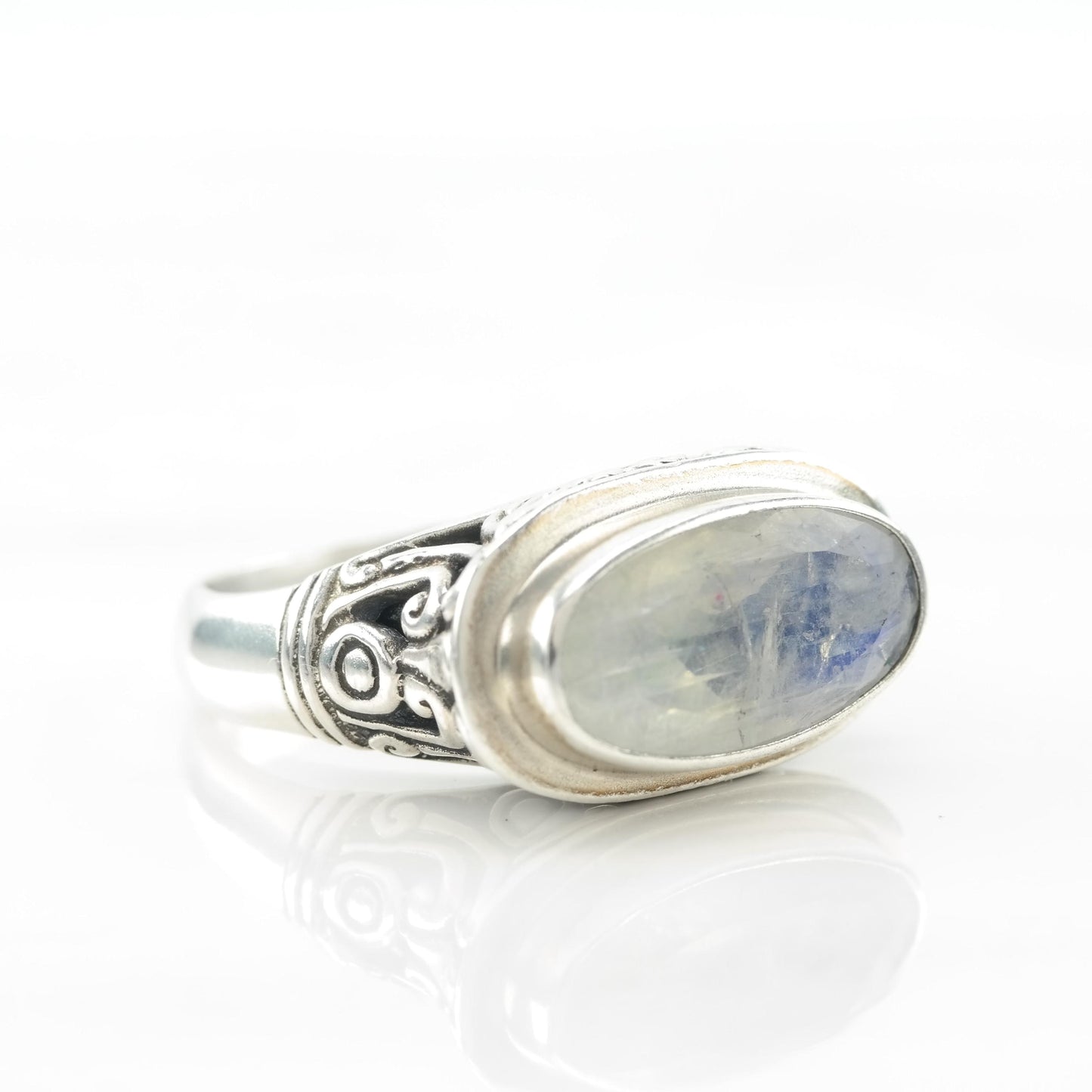 Vintage Rainbow Moonstone Filigree Sterling Silver Ring Size 7