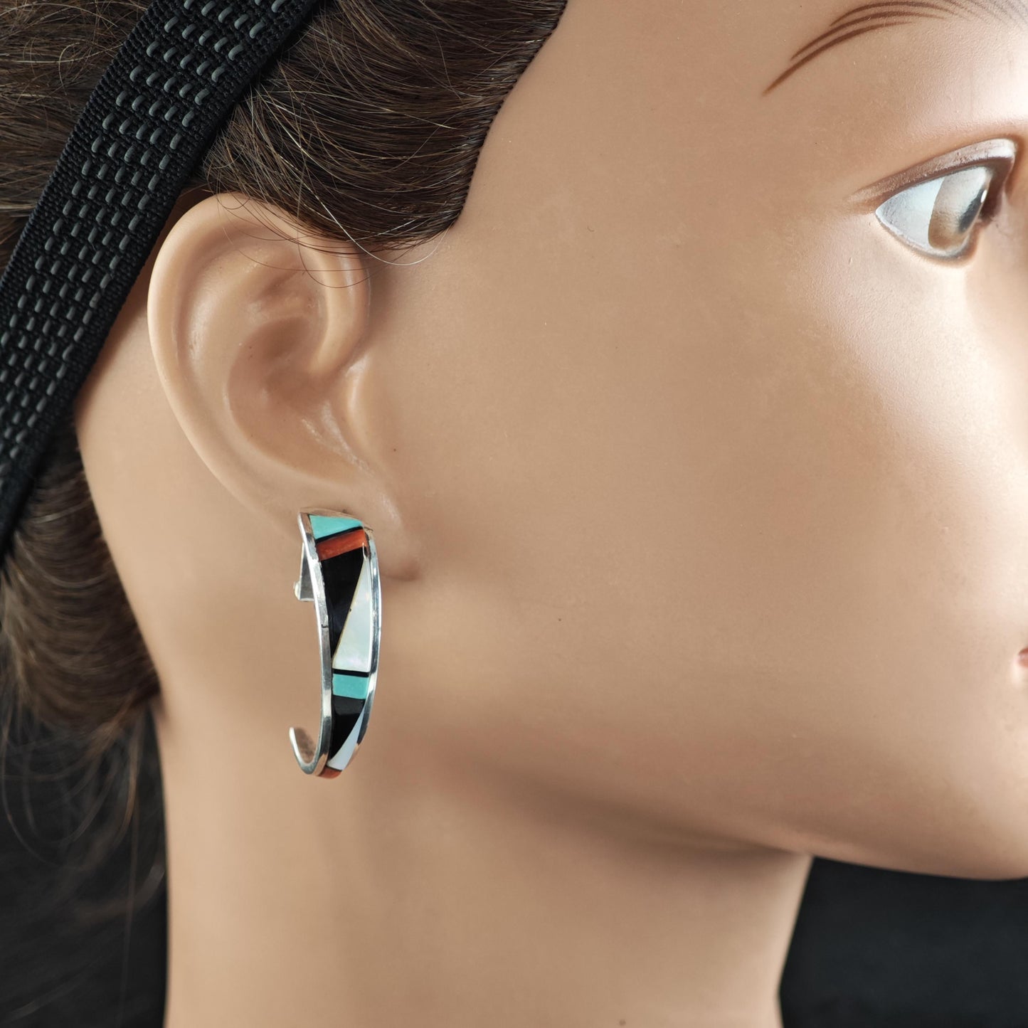 Vintage Native American Zuni Inlay, Half Hoop Clip On Earrings Sterling Silver ER3107