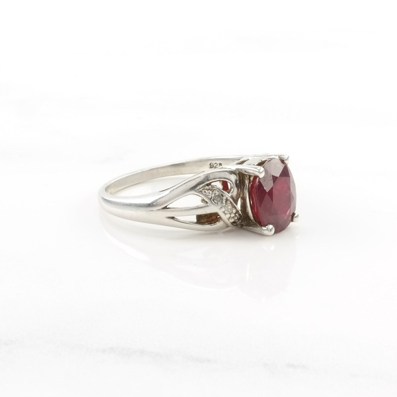 Vintage Sterling Silver Ring Lead Glass Filled Ruby, Diamond Pink Size 8