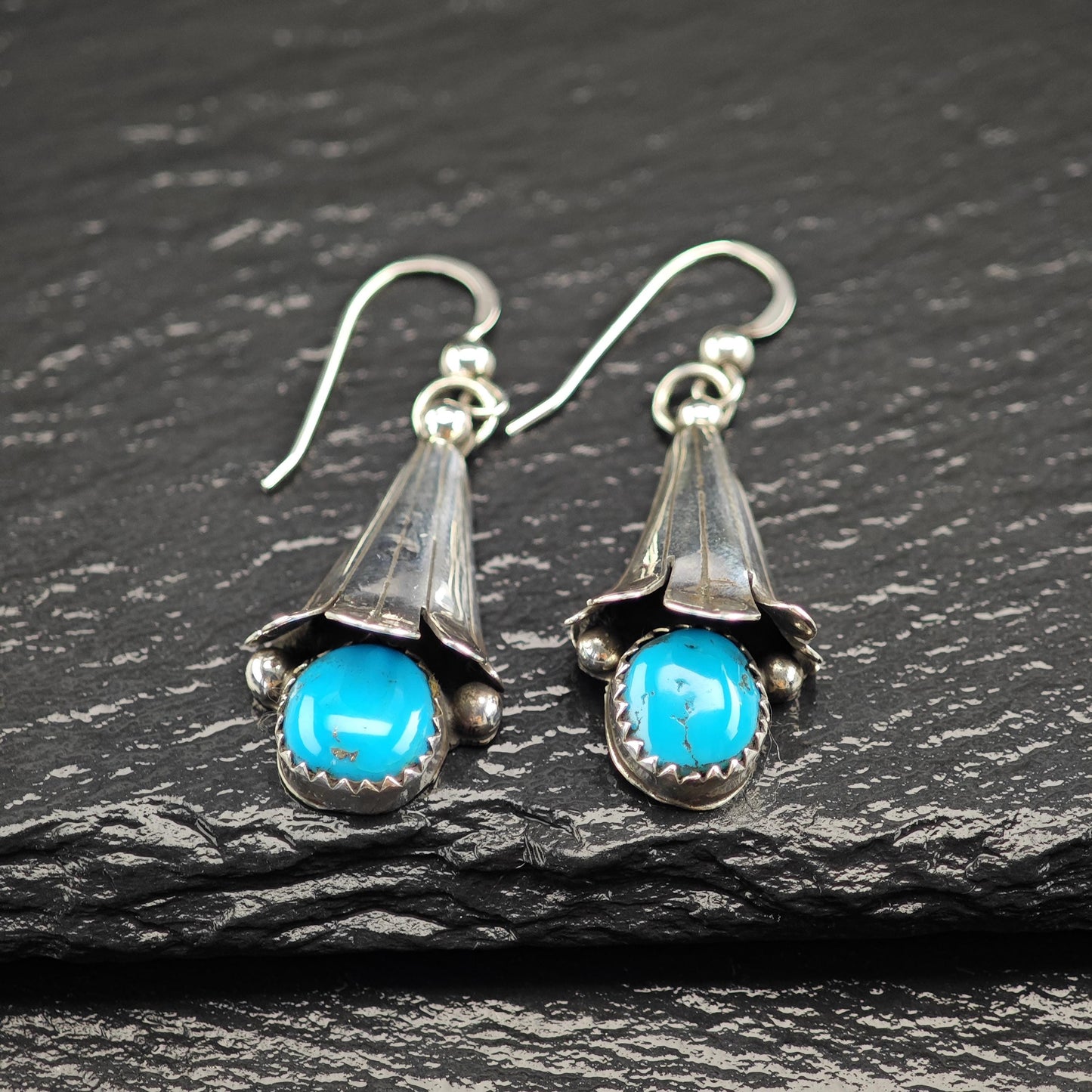 Vintage Blue Turquoise Blossom, Fish Hook Earrings Sterling Silver