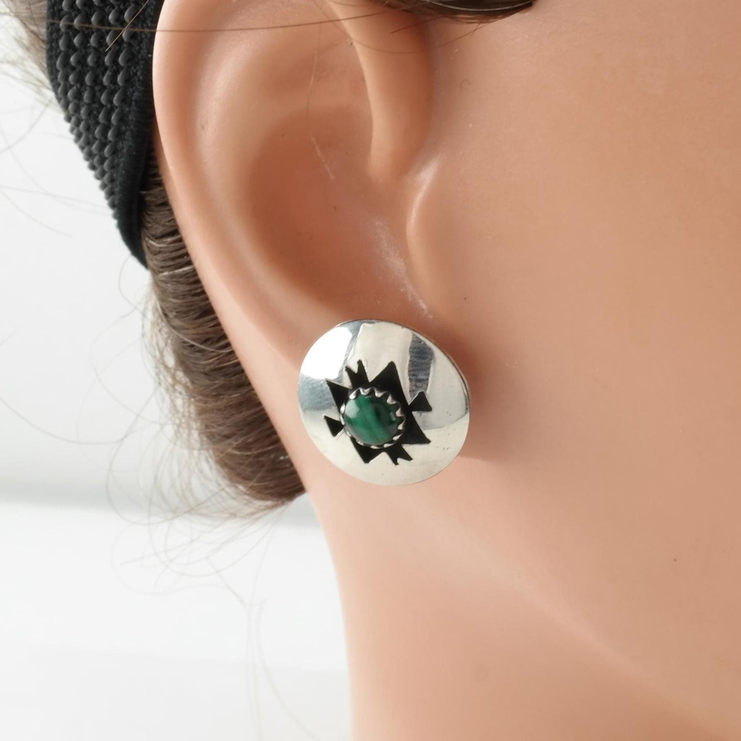 Vintage Southwest Green Malachite, Shadow Box Sterling Silver Stud Earrings