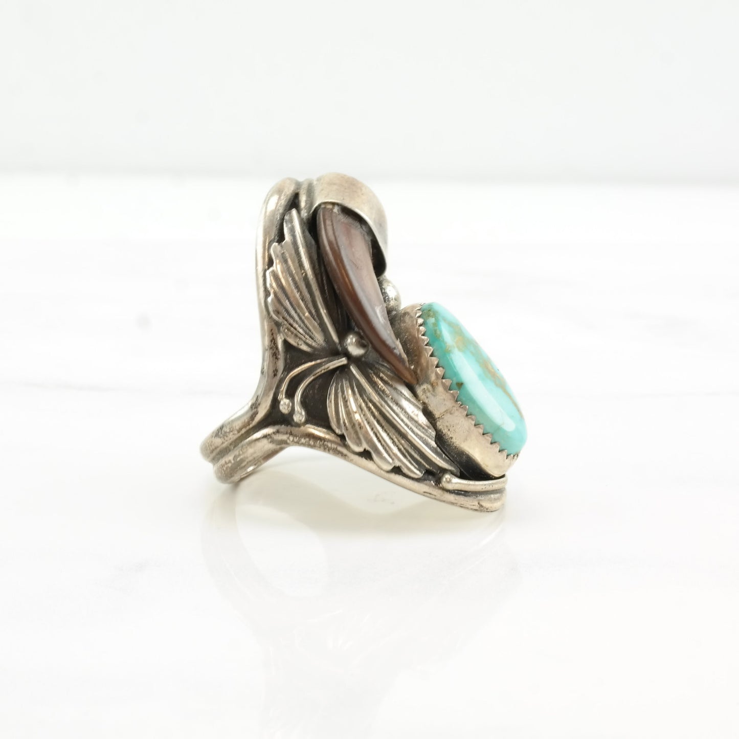 Native American Silver Ring Turquoise Leaf Sterling Size 11