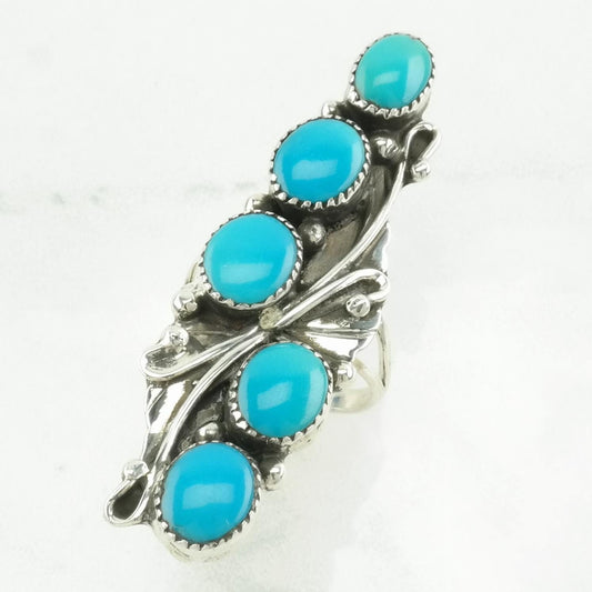 Vintage Southwest Silver Ring Block Turquoise Floral Sterling Blue Size 7 1/4