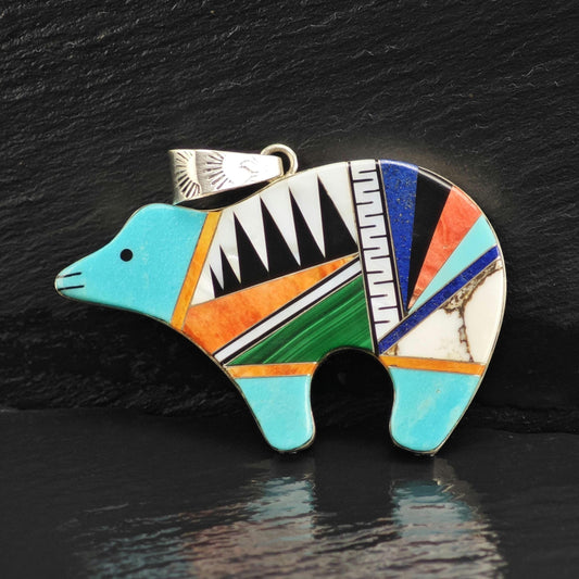 SW Multi-stone Inlay Bear Sterling Silver Pendant P3096