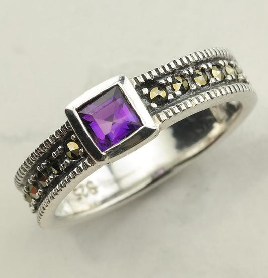 Vintage Stackable Silver Ring Amethyst Marcasite Sterling Purple Size 6.5