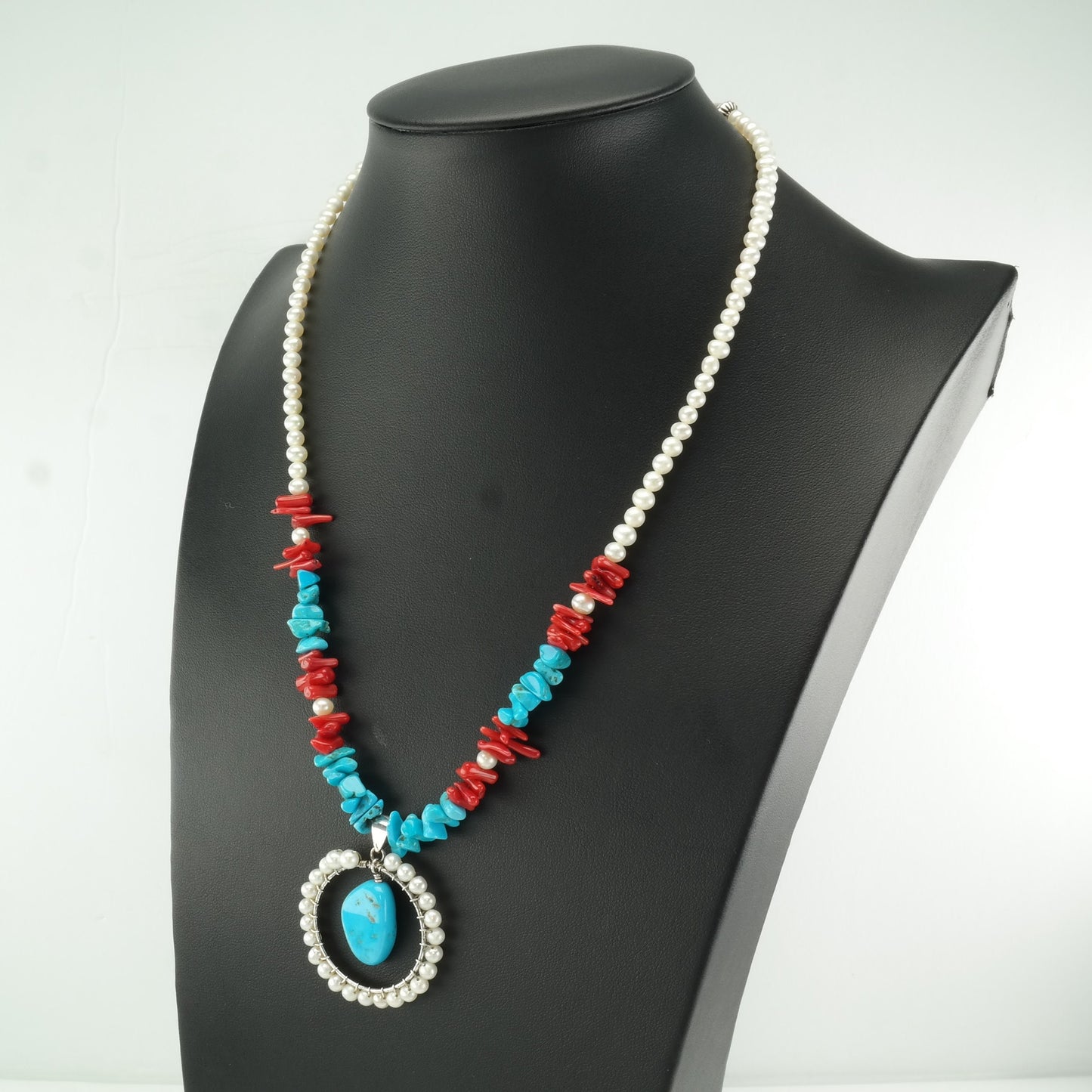 Sterling Silver Blue, Red Coral, Turquoise Pearl Necklace