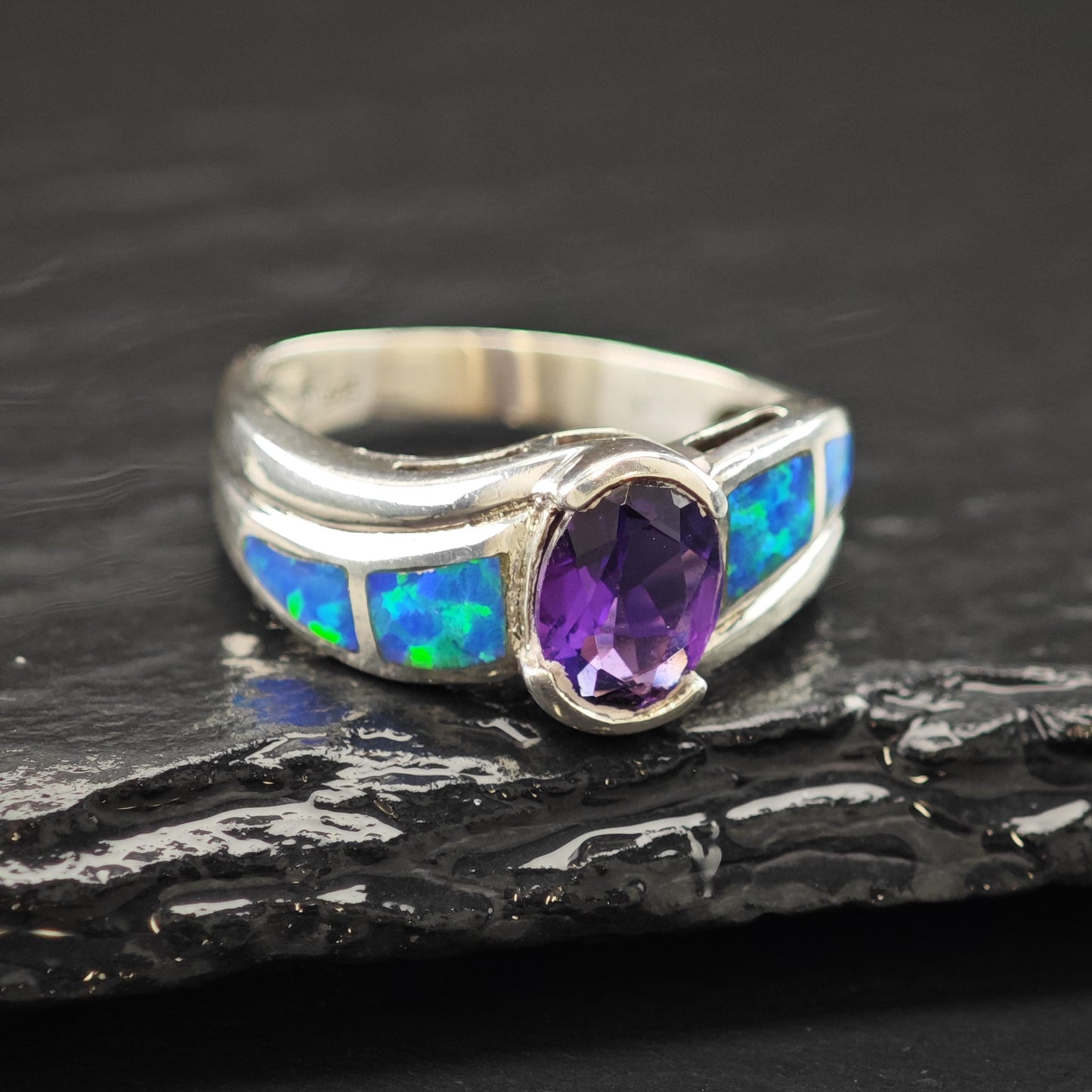 Lab Opal Inlay Amethyst Ring Sterling Silver Sz 8 R6221