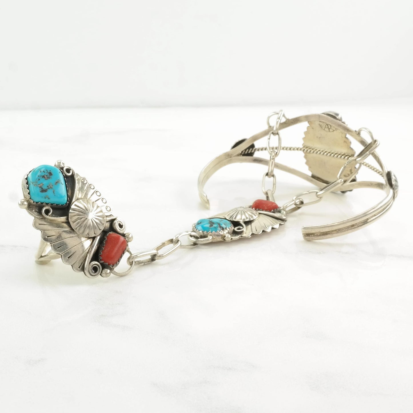 Native American Sterling Silver Cuff Bracelet Blue, Red Turquoise, Coral Floral