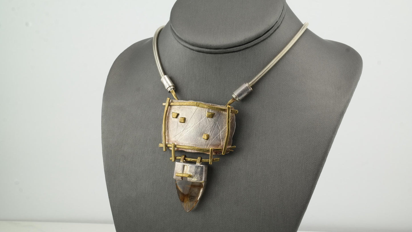 Studio Crafted Sterling Silver & Rutilated Quartz Necklace | Mixed Metals Pendant | Modernist Design