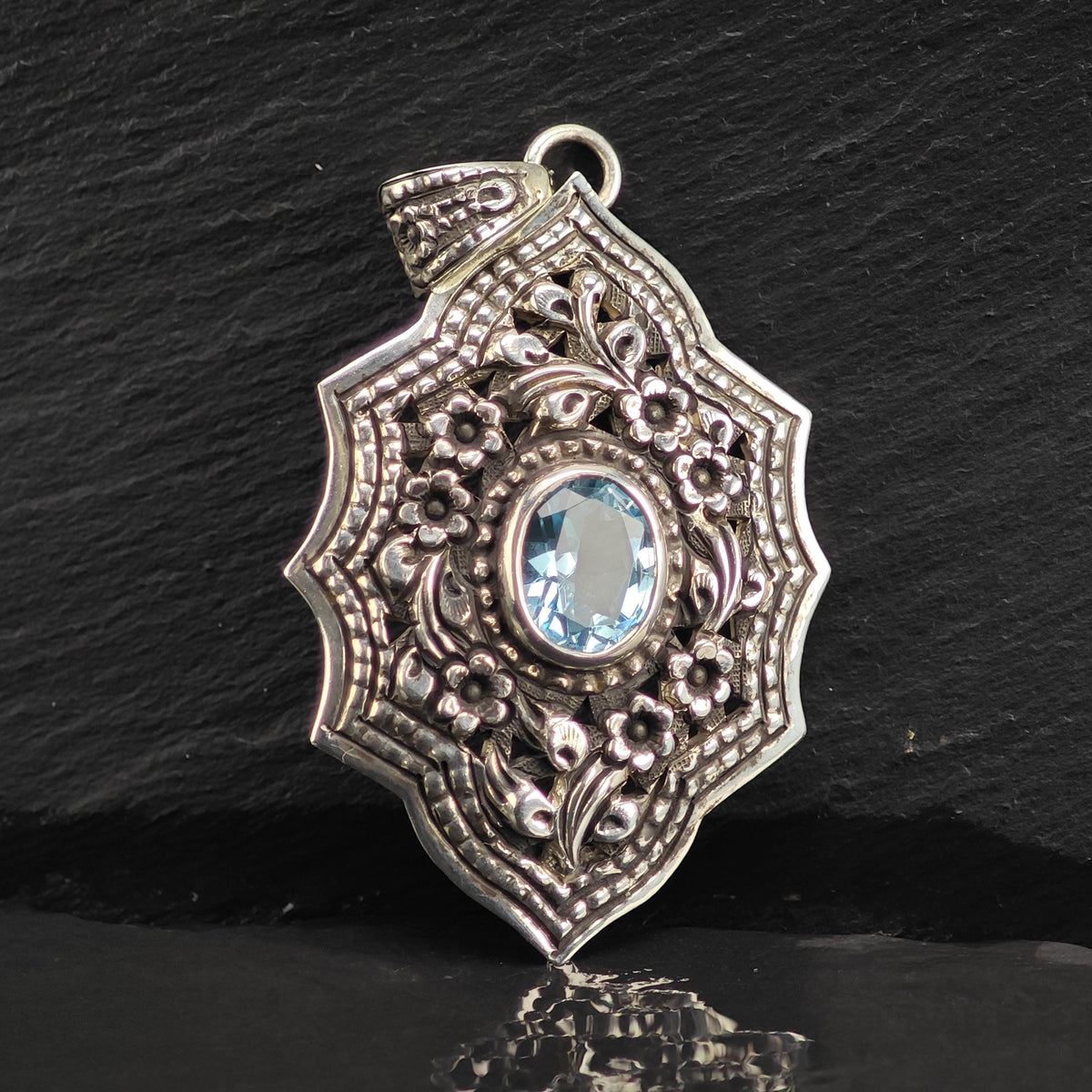 Topaz Floral Repousse Detailing Sterling Silver Pendant P3148