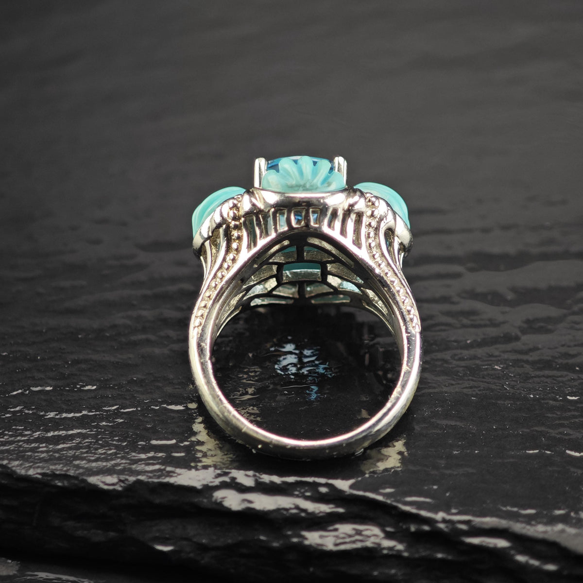 Topaz & Block Turquoise Sterling Silver Flower Ring Sz 6 R6814
