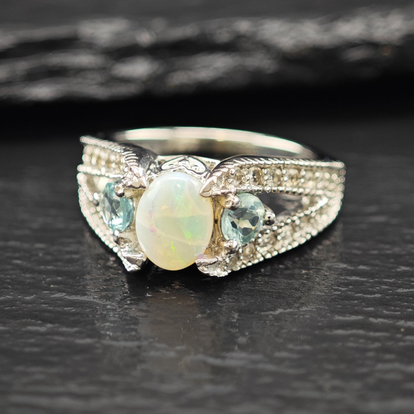 Opal Silver Statement Ring with Blue Gems Size 7 R6143