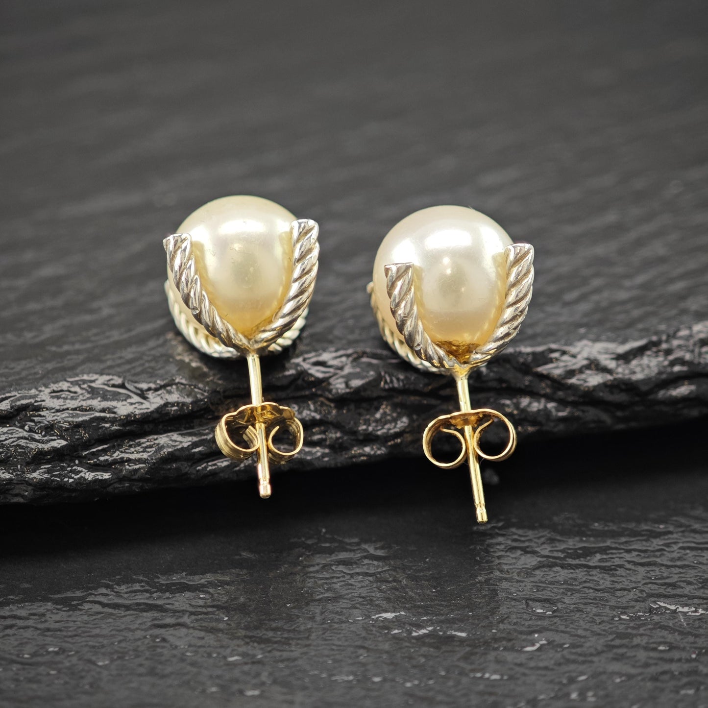 Vintage David Yurman White Pearl, Diamond 14k Gold Post Sterling Silver Stud Earrings