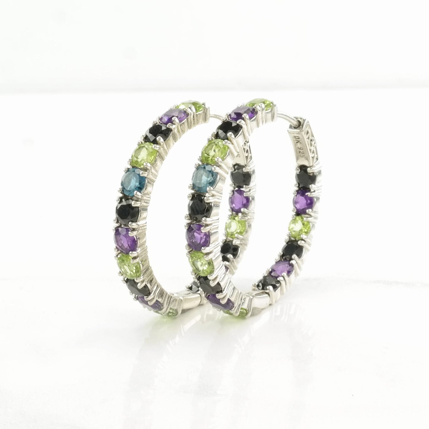 Sterling Silver Amethyst, Onyx, Peridot, Topaz Earrings Hoop